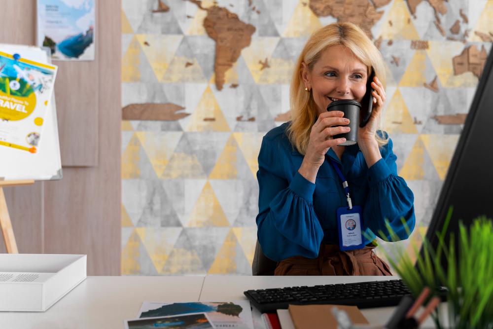 Travel manager reviewing itineraries