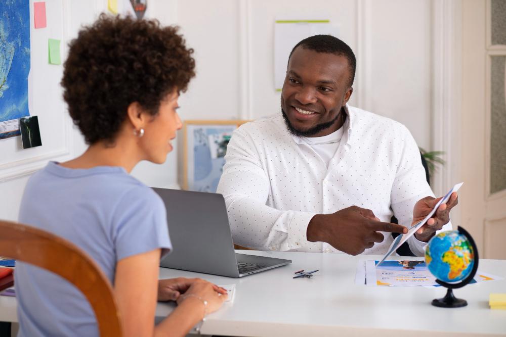 Travel agent working with a corporate client